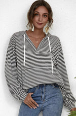 Relaxed V Neck Striped Hooded Sweatshirt