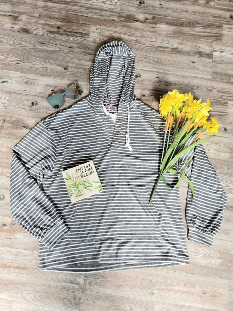 Relaxed V Neck Striped Hooded Sweatshirt