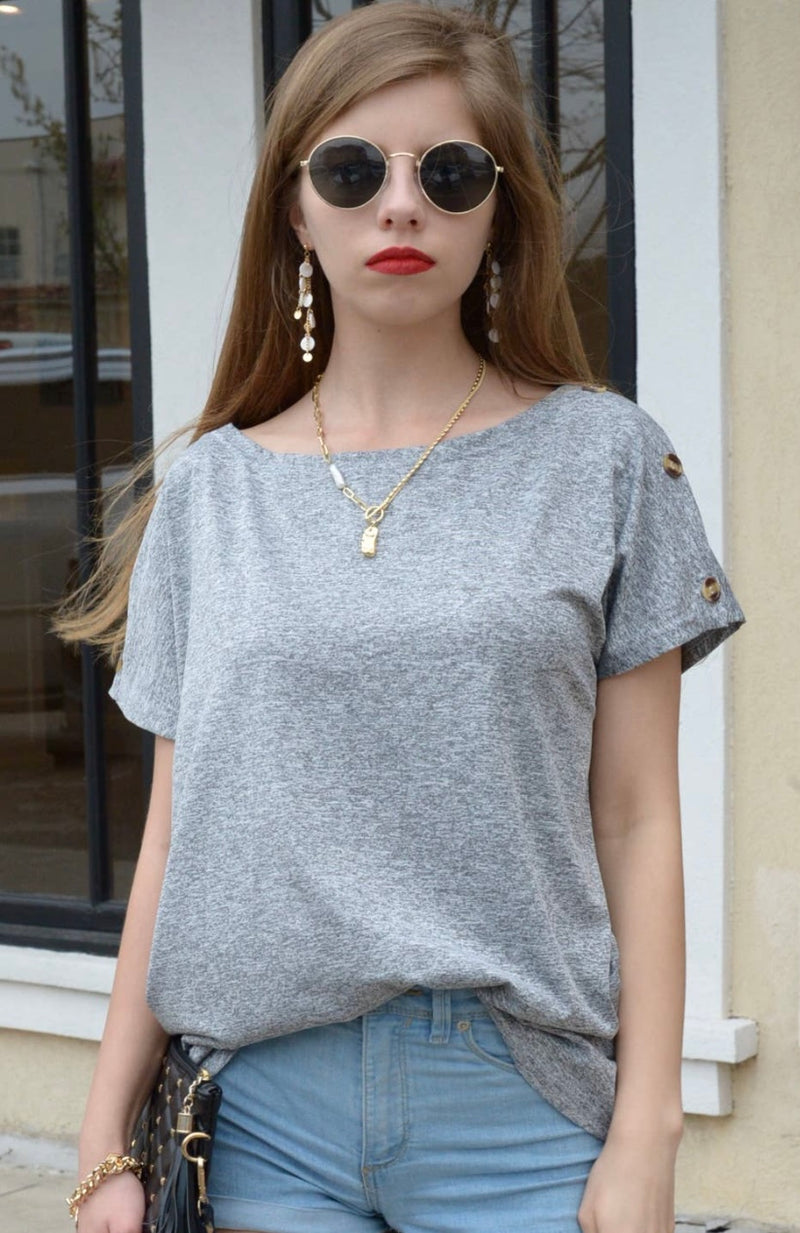 Relaxed Solid Button Shoulder Top