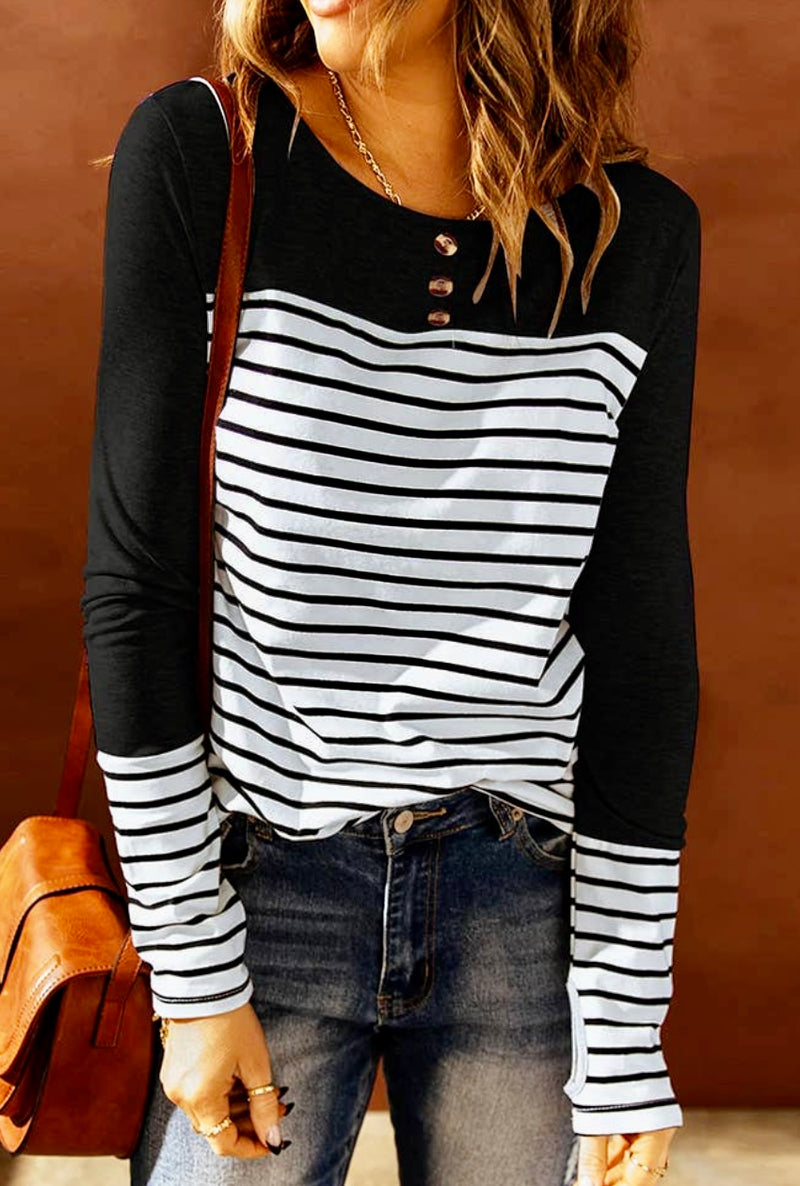 Striped Splicing Long Sleeve Button T Shirt