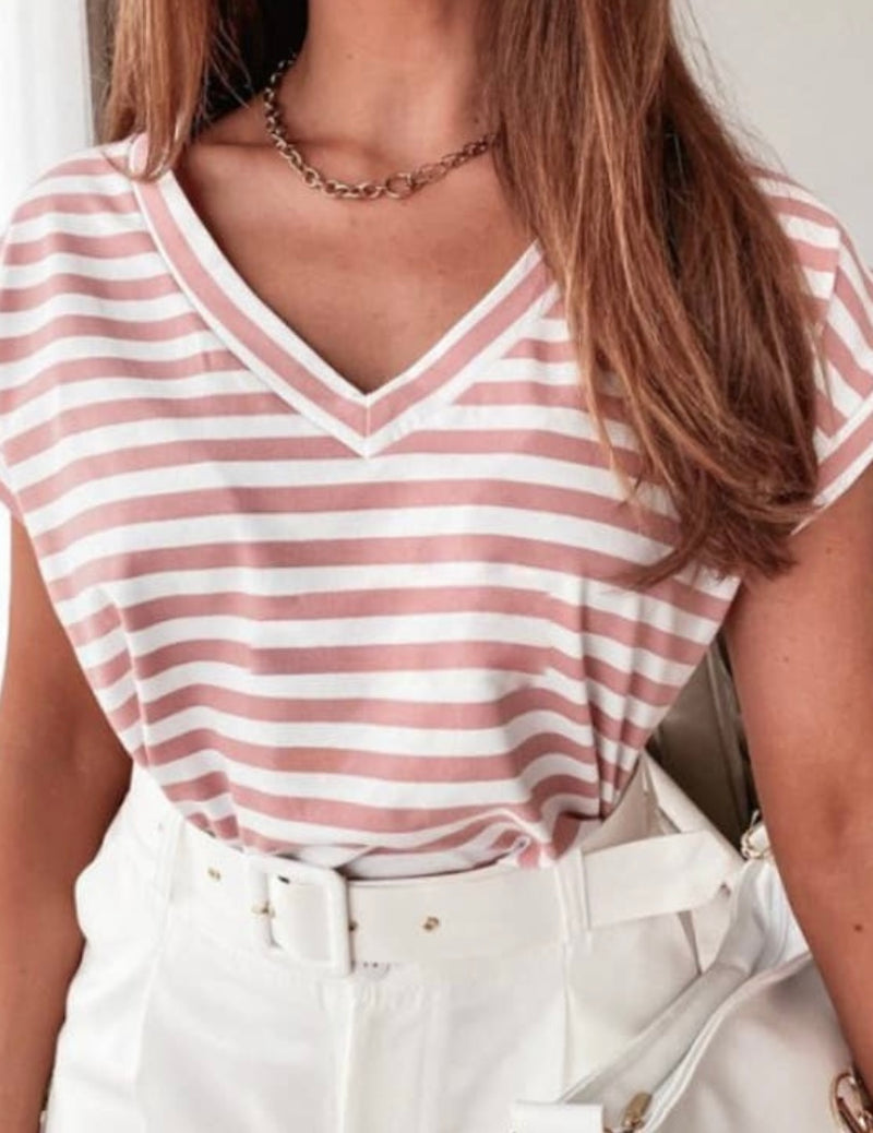 Classic Striped Print Short Sleeve Top