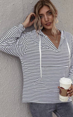 Relaxed V Neck Striped Hooded Sweatshirt