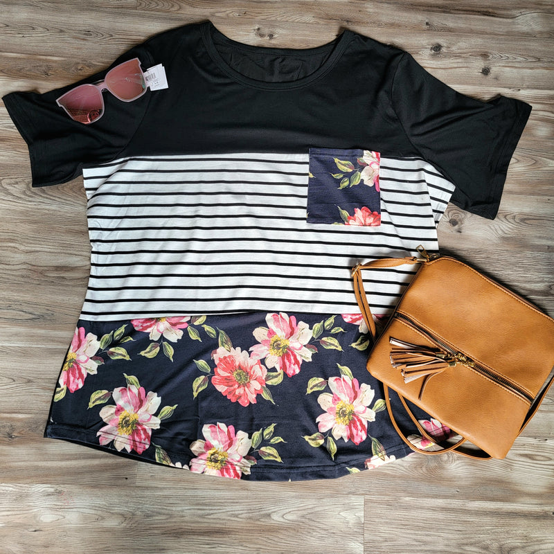 Block Stripe Floral Short Sleeve Top