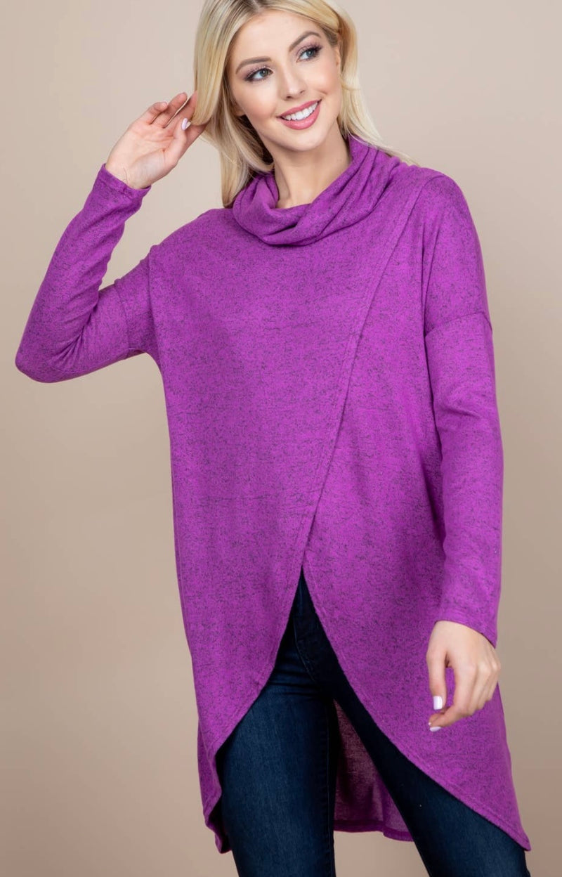 Hacci Brush Cowl Neck Tulip-Hem Top