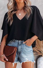 Slit Sleeve V Neck Blouse